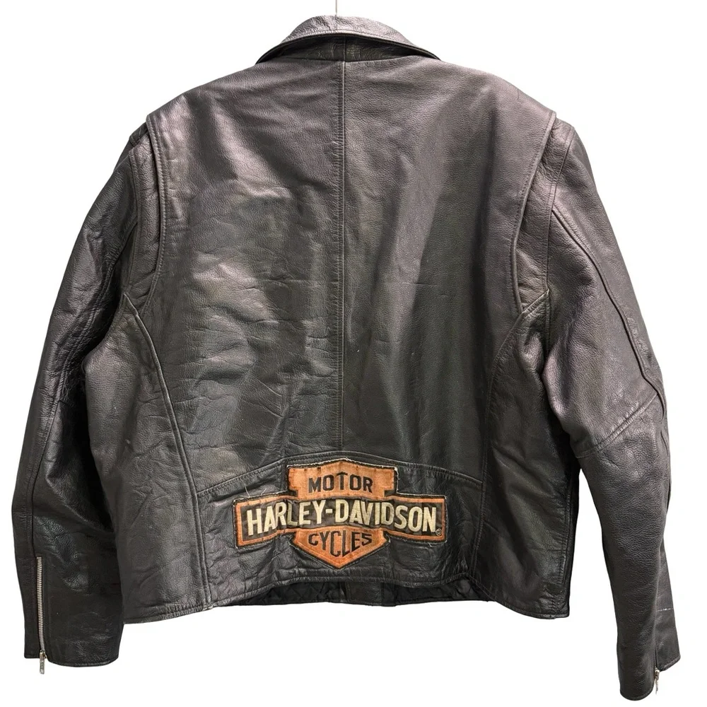 Vintage FMC black leather‎ motorcycle jacket with Harley Davidson patch XL