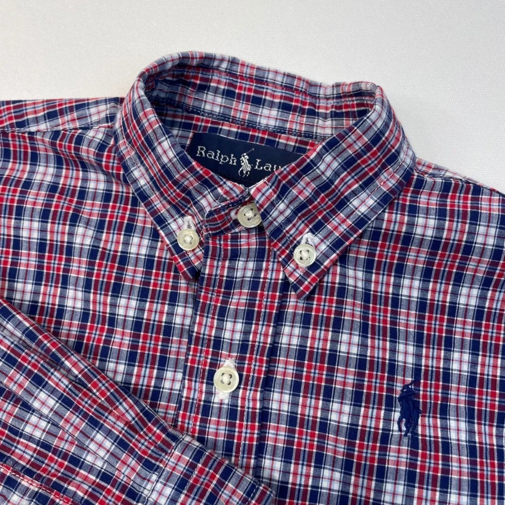 Ralph Lauren Kids Plaid Button Down Shirt Long Sleeve Red Blue‎ White Pony 24M
