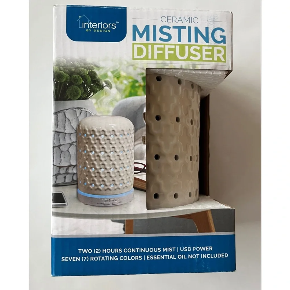 Interiors by Design Ceramic Essential Oil Misting Diffuser USB NIB 7 LED Colors