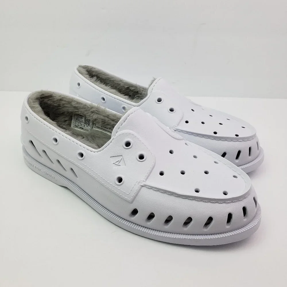 NEW Sperry A/O Float Cozy Mens Size 10 White Slip On Faux Fur Inside Boat Shoes