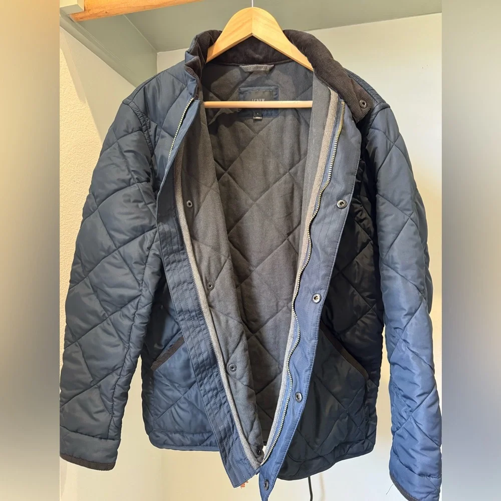 J. Crew Men’s Blue Quilted Puffer Jacket w/ Corduroy Collar, Size L