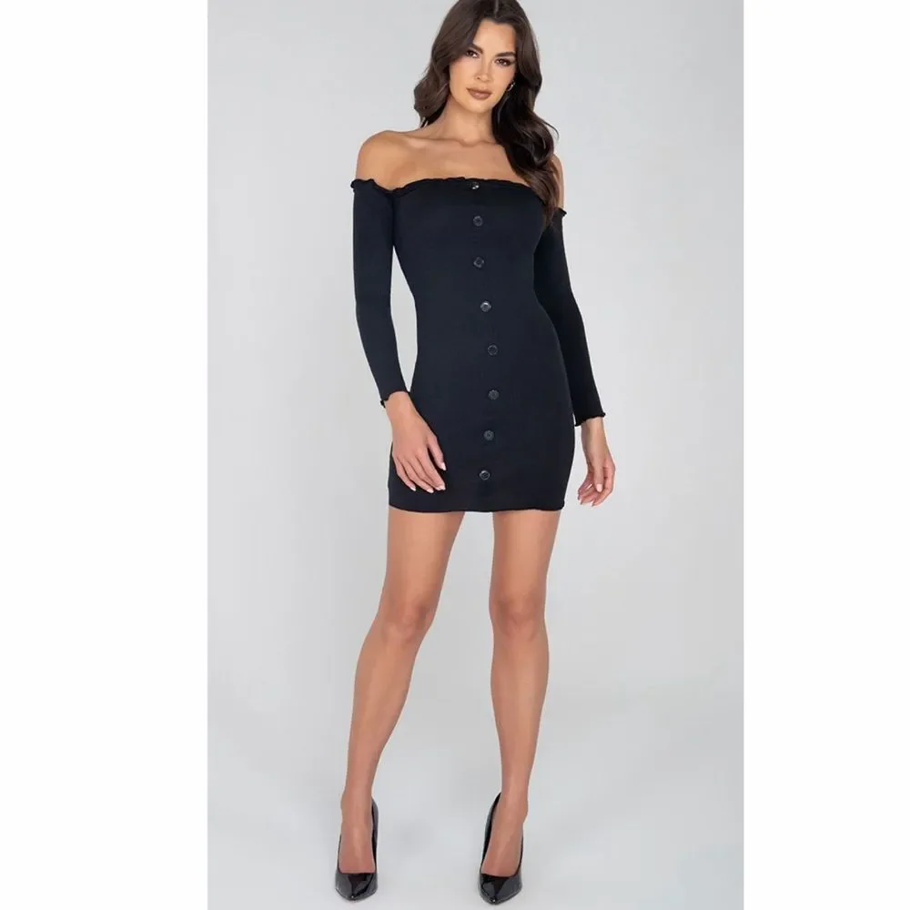 Yandy Button Up Black Off-Shoulder Dress Bodycon Sexy Size Large
