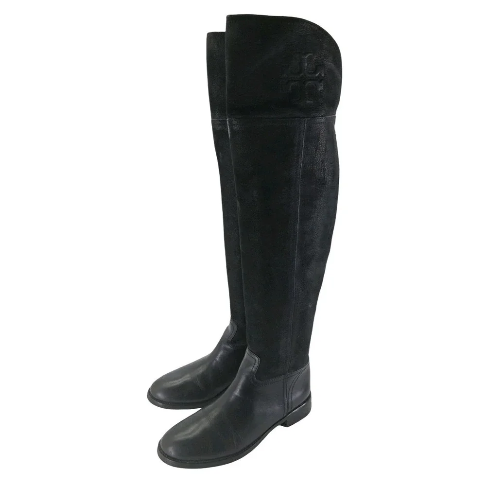 Tory Burch Boots Womens Size 7.5 38 Black Leather Over The Knee Riding Back Zip