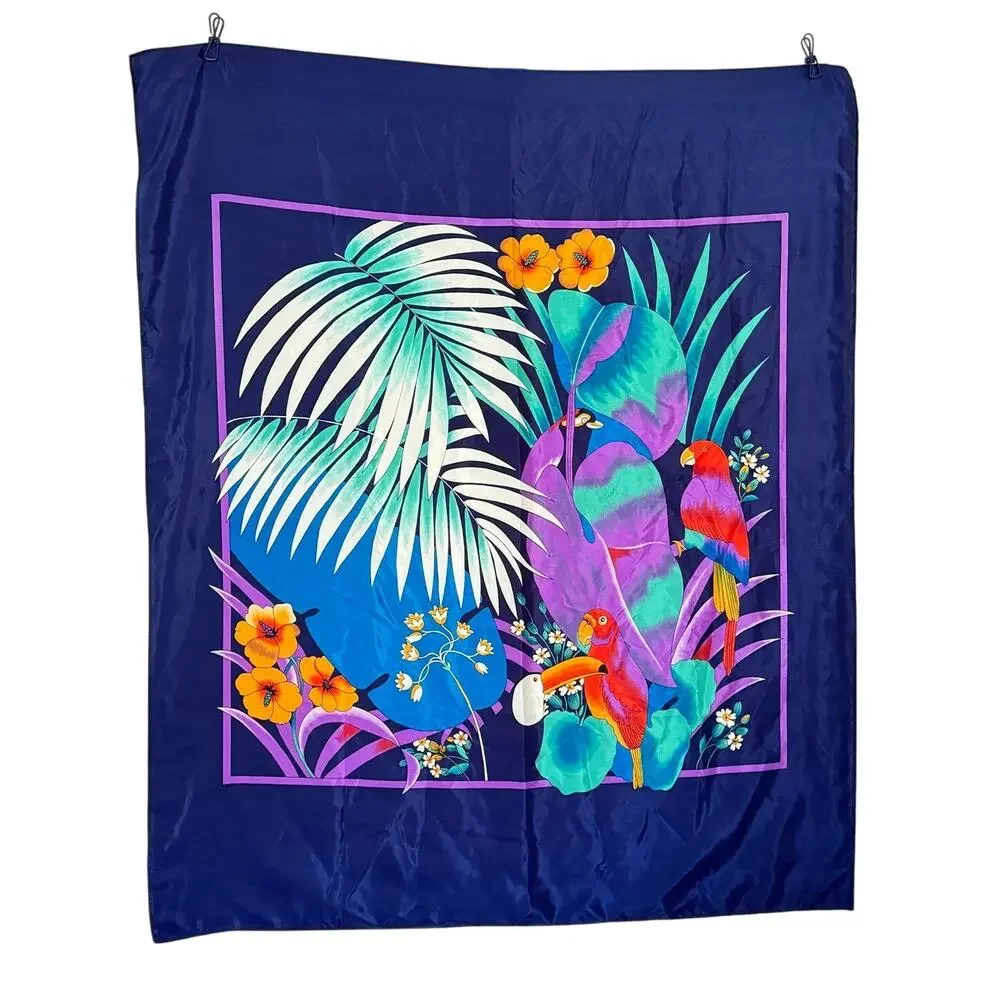 Vintage 90s Square Tropical Leaf Parrot Scarf‎ Wrap Tropical Summer 36