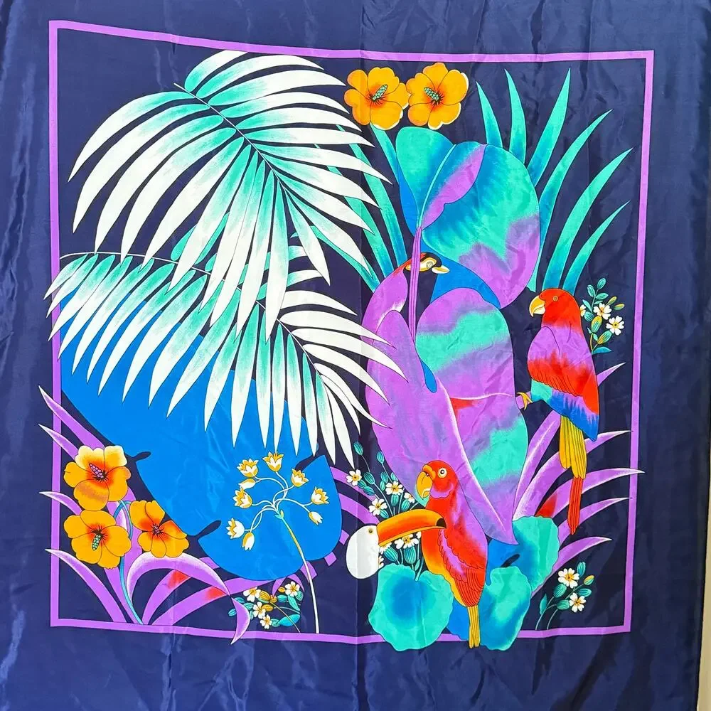 Vintage 90s Square Tropical Leaf Parrot Scarf‎ Wrap Tropical Summer 36