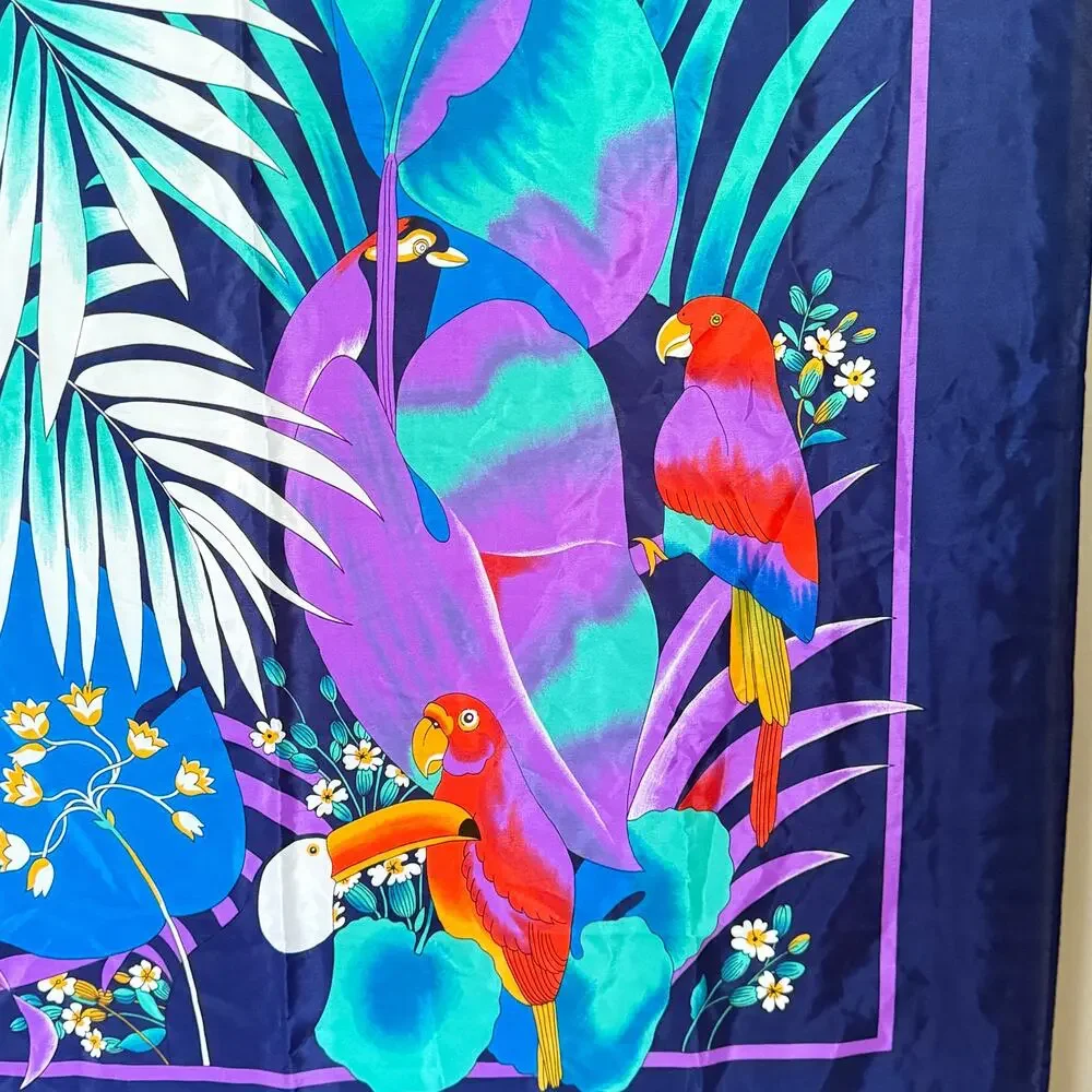 Vintage 90s Square Tropical Leaf Parrot Scarf‎ Wrap Tropical Summer 36