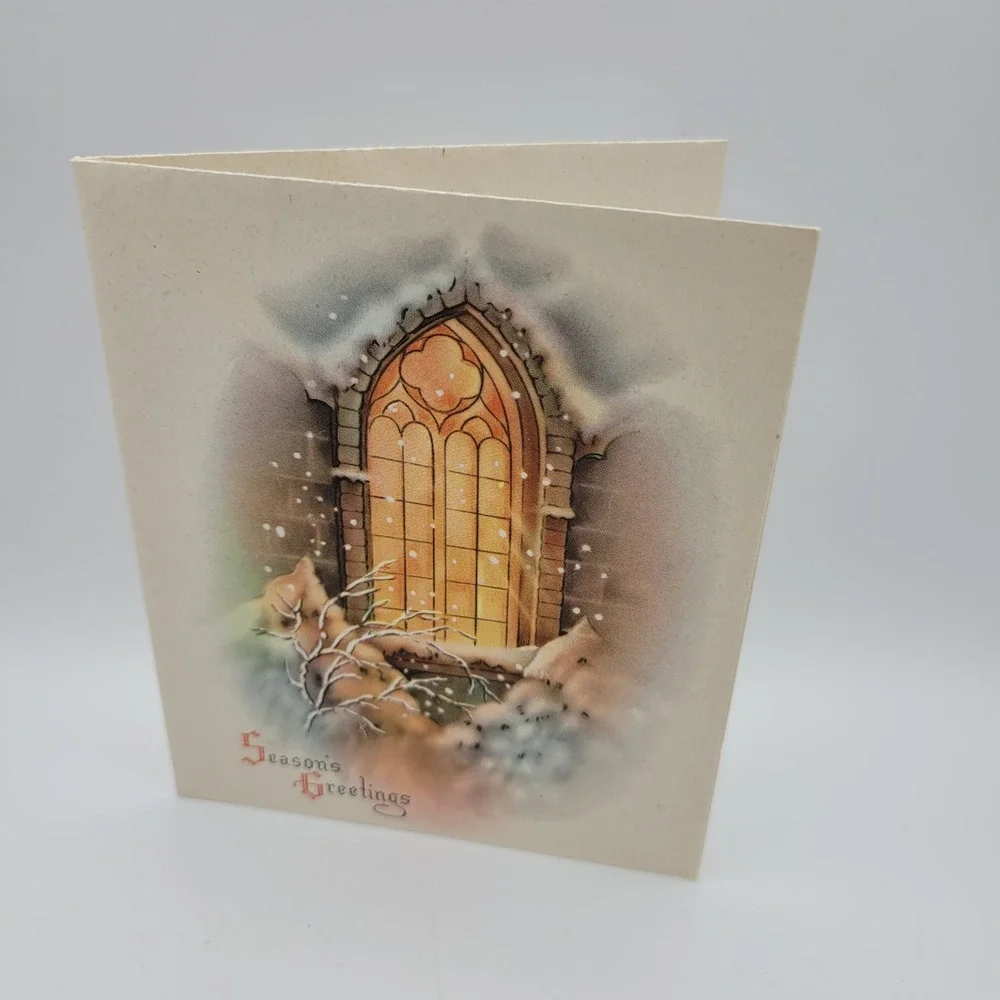 Vintage Seasons Greetings Christmas Card Church‎ Window Religious Holiday Card