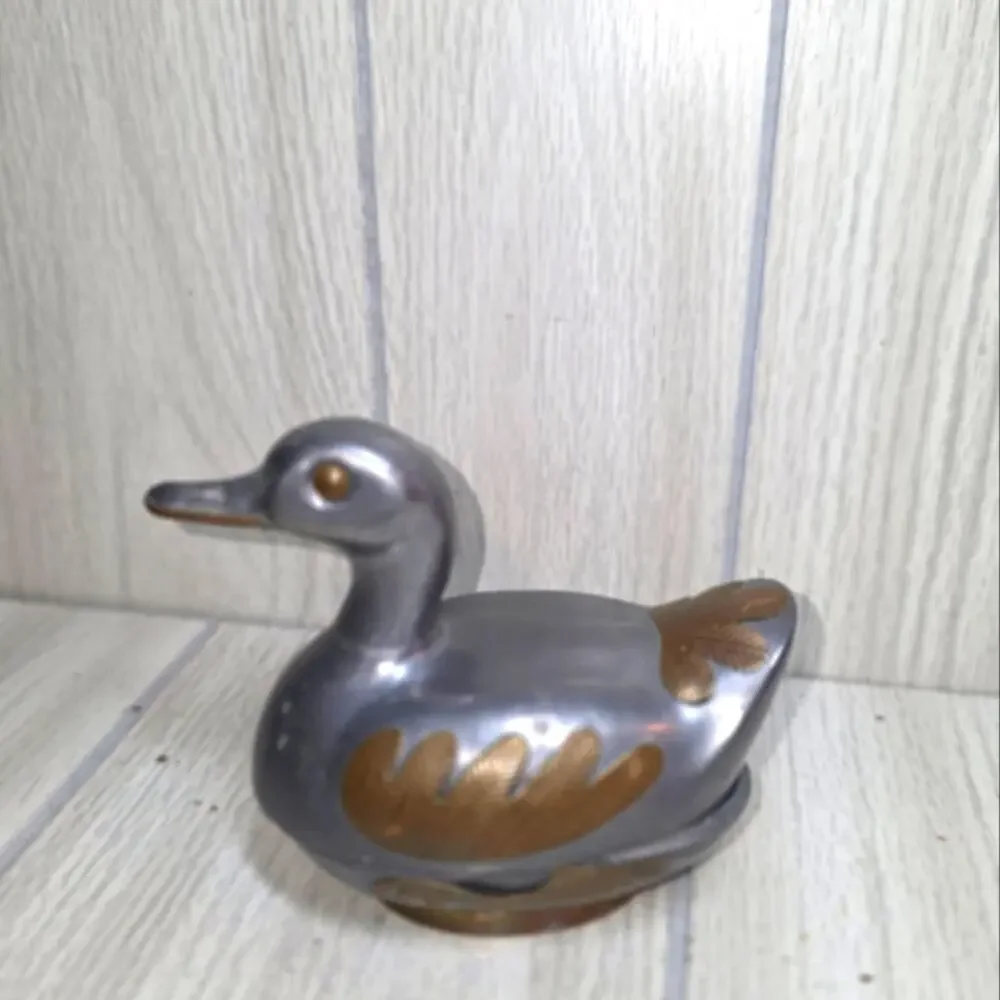 Vtg 1960s Pewter & Brass Duck Trinket Dish Bird Figurine Silver & Gold Jewlery