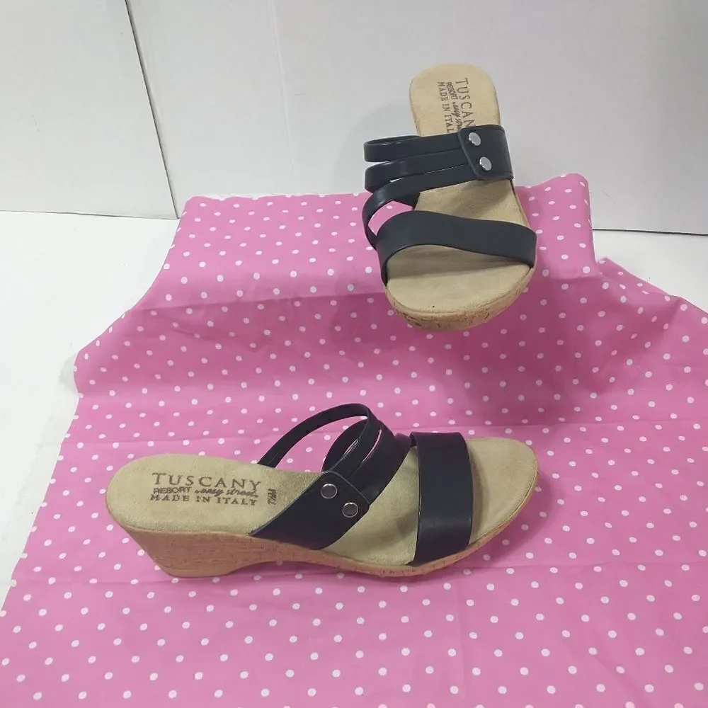 Tuscany By Easy Street Womens Allegro Black Wedge Sandals Size 7.5M