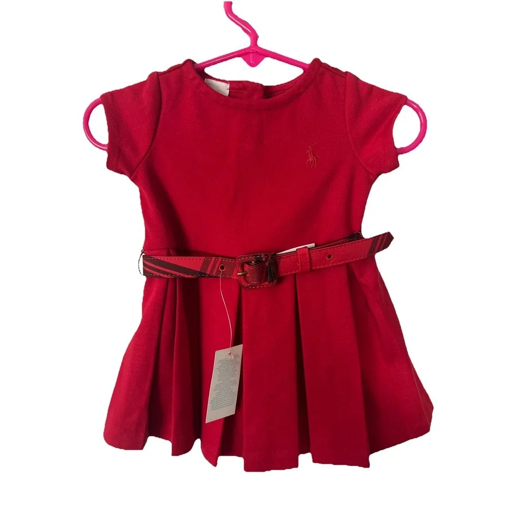 Ralph Lauren Girls Red Dress w/Plaid Belt Size 3 Months-New