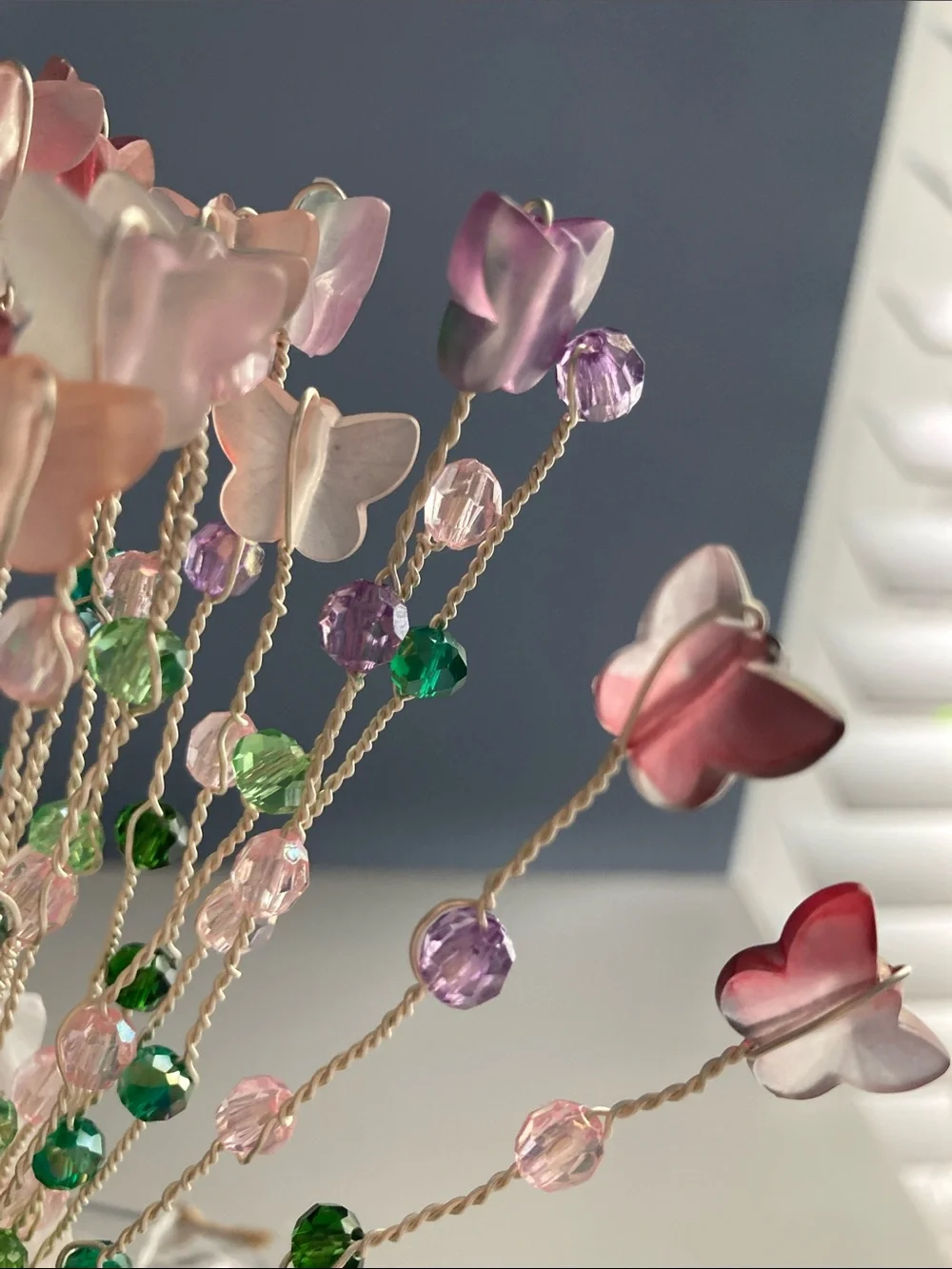 HANDMADE BUTTERFLY BOUQUET W VASE PURPLE PINK GREEN SILVER WIRE WRAPPED FLORAL