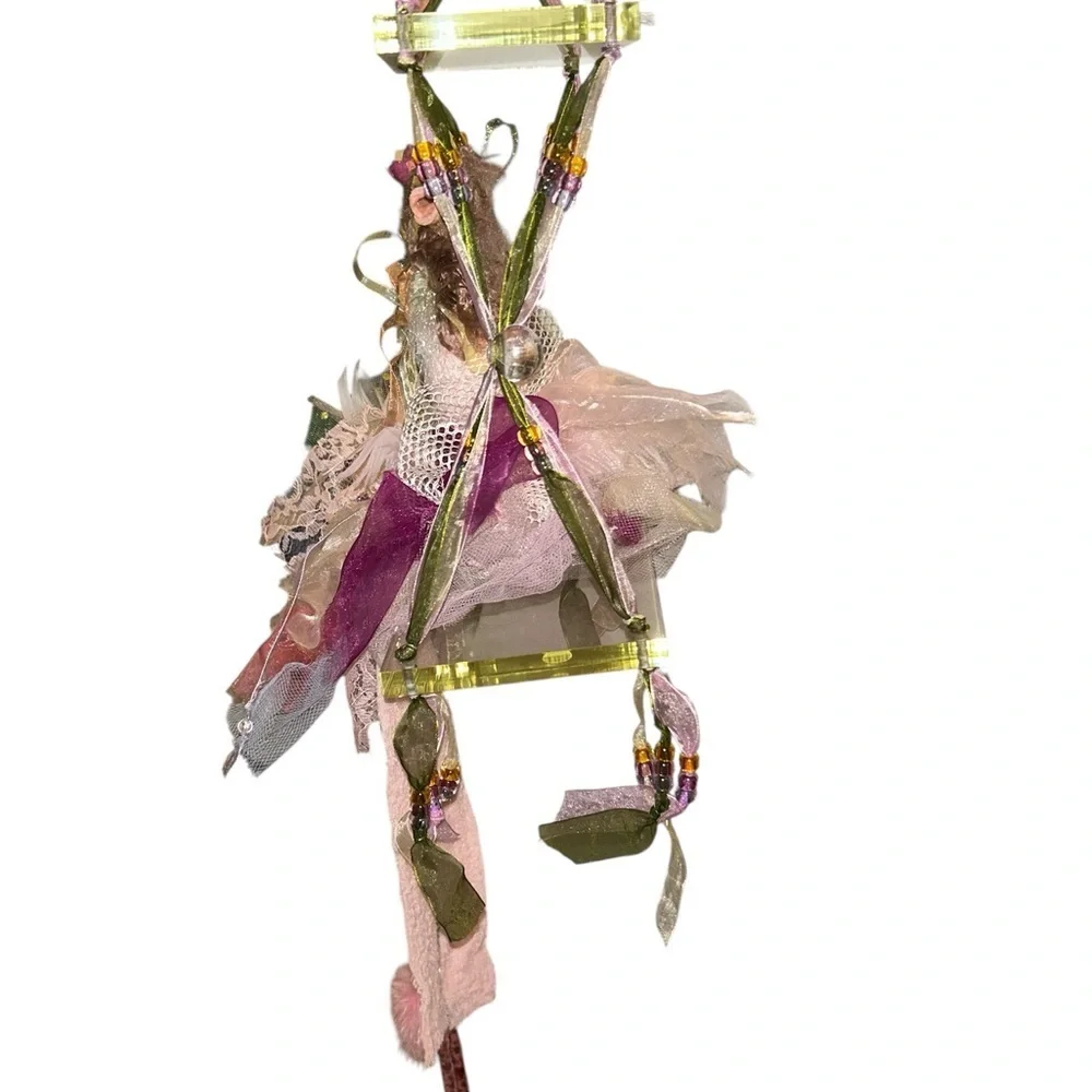 NWOT vintage fabric fairy doll on ribboned acrylic swing
