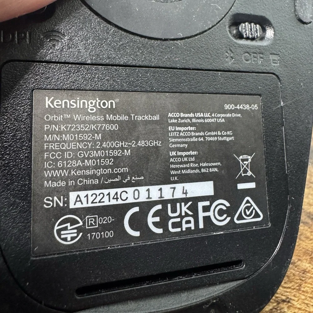 Kensington Orbit Wireless Mouse Mobile Trackball M01592-M ‎ P/N K72352 Works