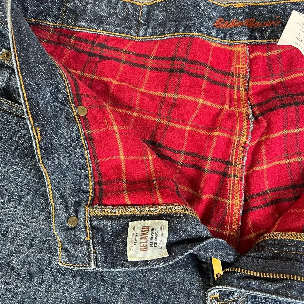 EDDIE BAUER Flannel Lined Jeans Mens 34x32 Blue Relaxed Red Plaid Outdoor Cowboy