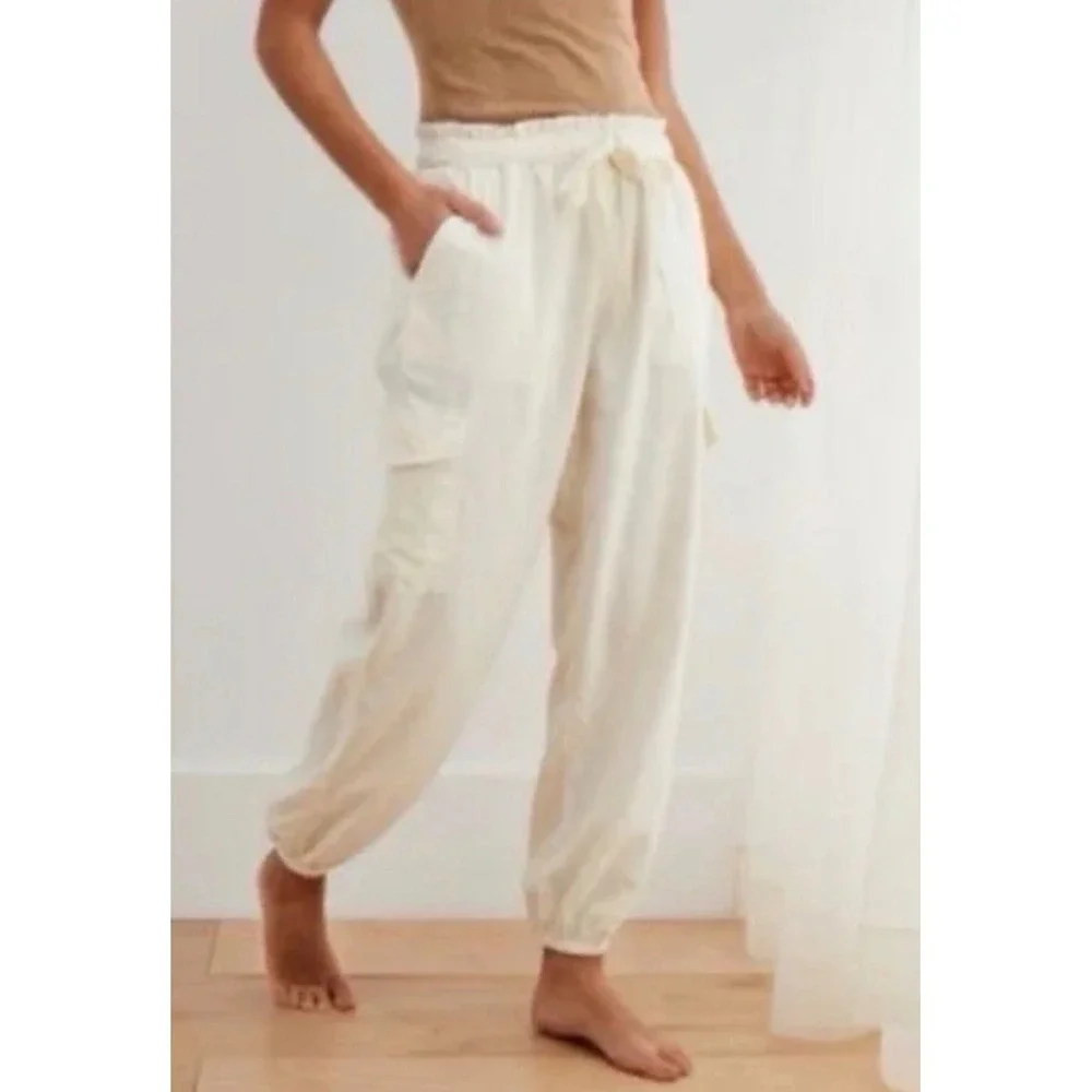 Aerie Women Cream Linen Blend Cargo Jogger Pants Paperbag Waist XS