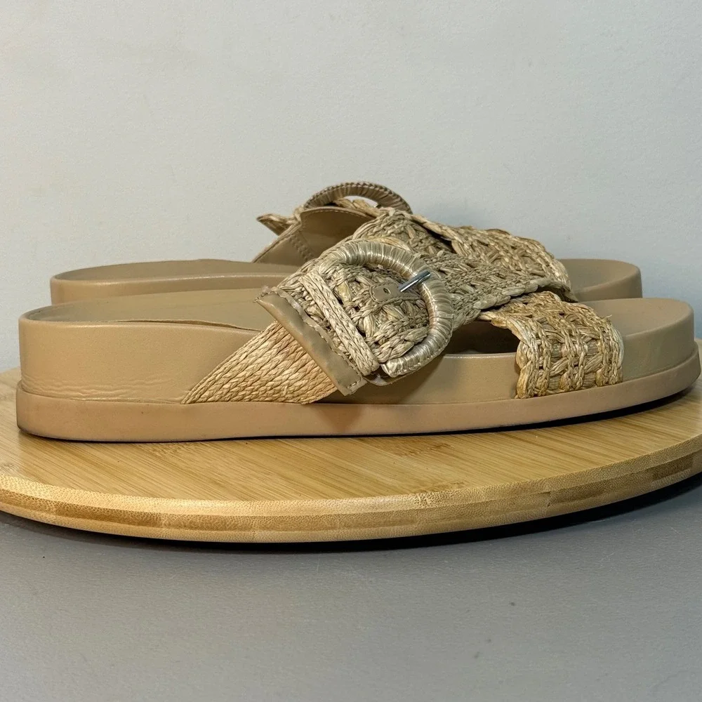 Marc Fisher Welti Woven Buckle Platform Sandal Women's 10M‎ Tan Nude Straw BOHO