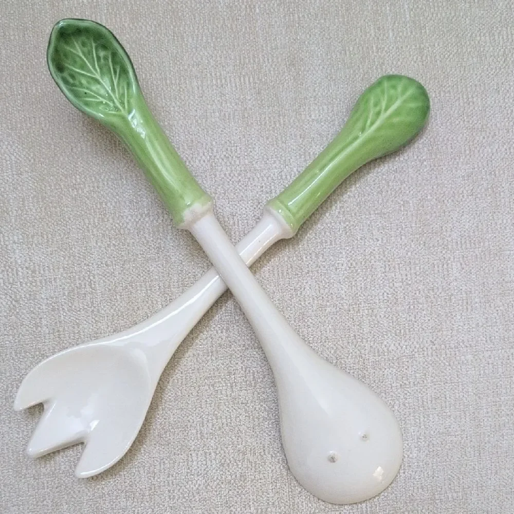Green and White Ceramic Cabbage Handle Salad Servers