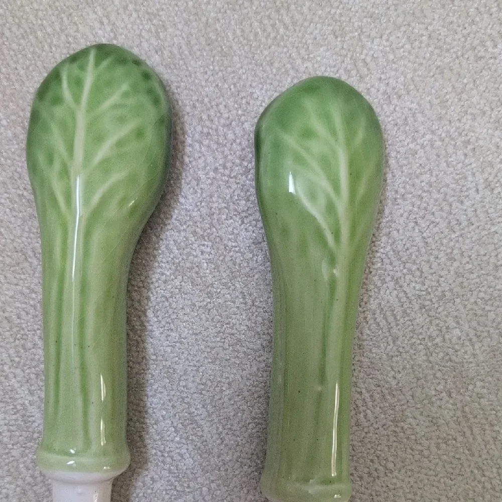Green and White Ceramic Cabbage Handle Salad Servers