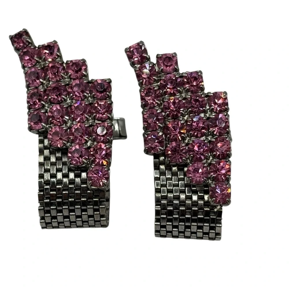Pink Rhinestone Cufflinks Mesh Wrap‎ Around Silver Tone Statement Chunky Vintage