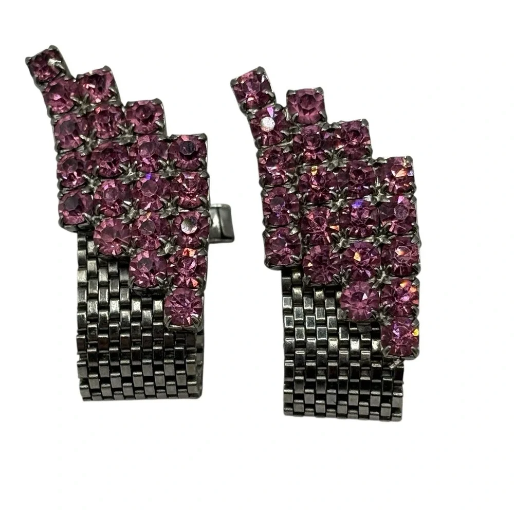 Pink Rhinestone Cufflinks Mesh Wrap‎ Around Silver Tone Statement Chunky Vintage