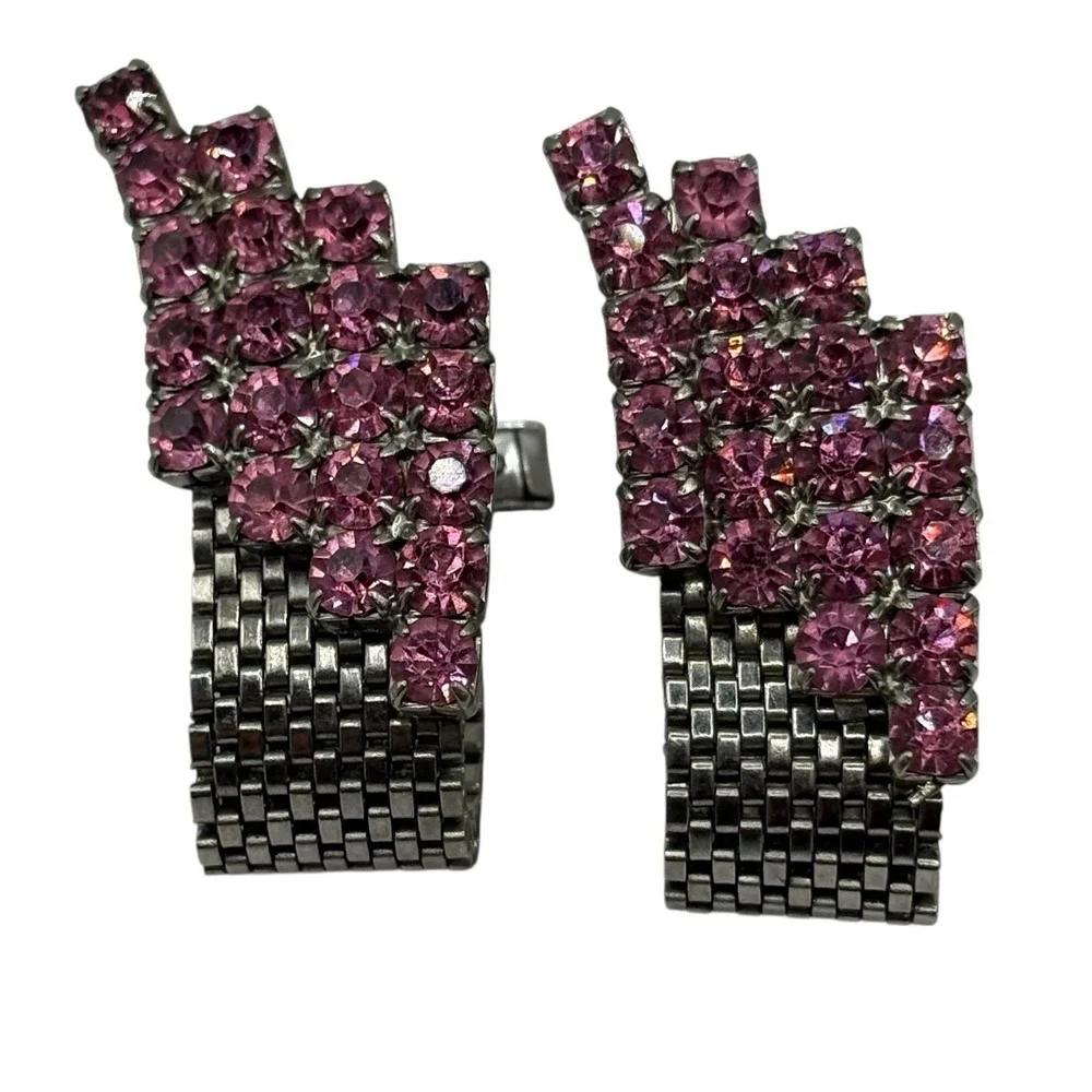 Pink Rhinestone Cufflinks Mesh Wrap‎ Around Silver Tone Statement Chunky Vintage