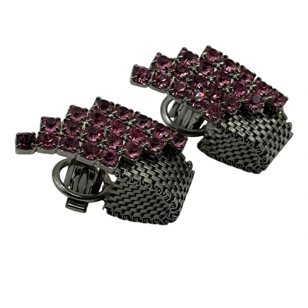 Pink Rhinestone Cufflinks Mesh Wrap‎ Around Silver Tone Statement Chunky Vintage