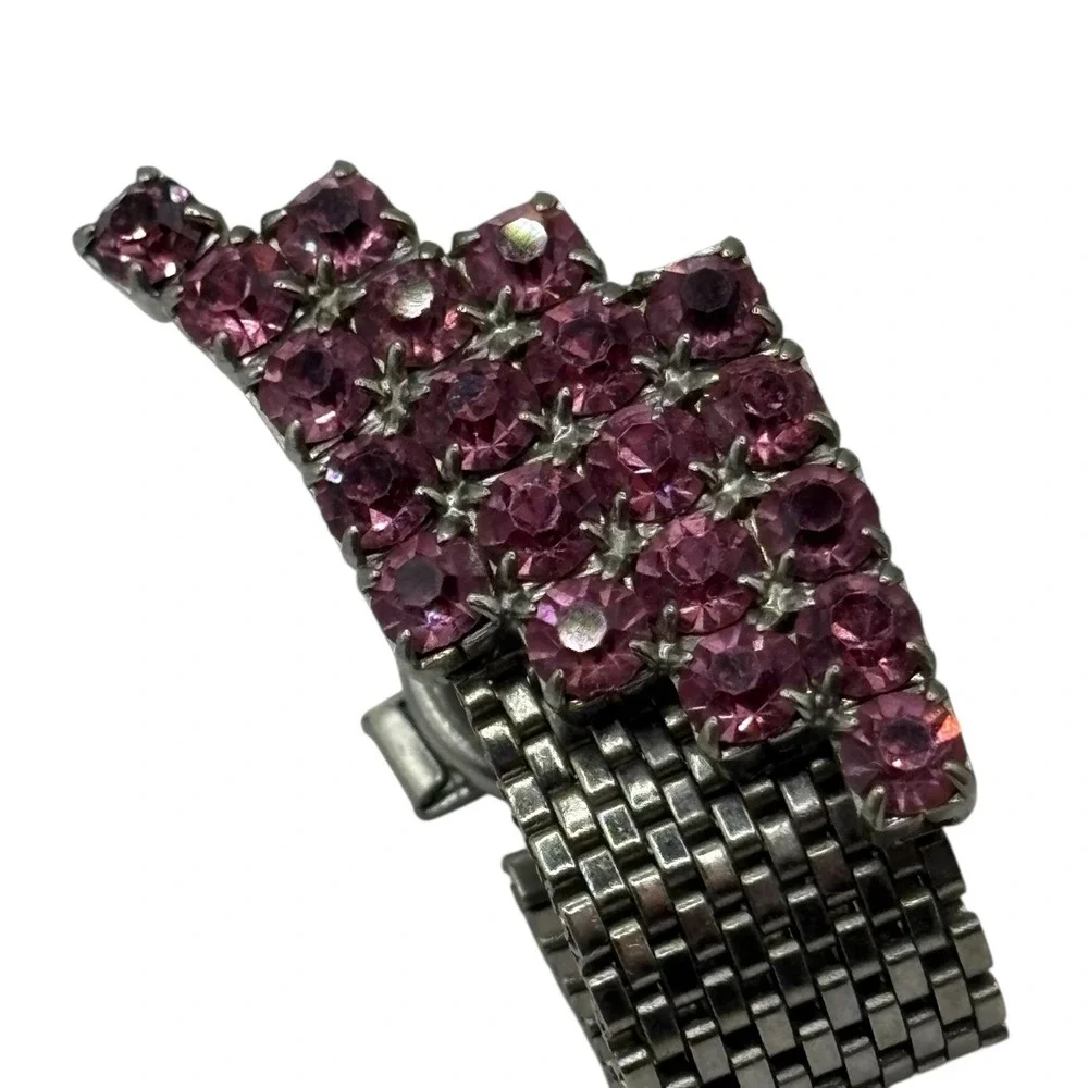 Pink Rhinestone Cufflinks Mesh Wrap‎ Around Silver Tone Statement Chunky Vintage