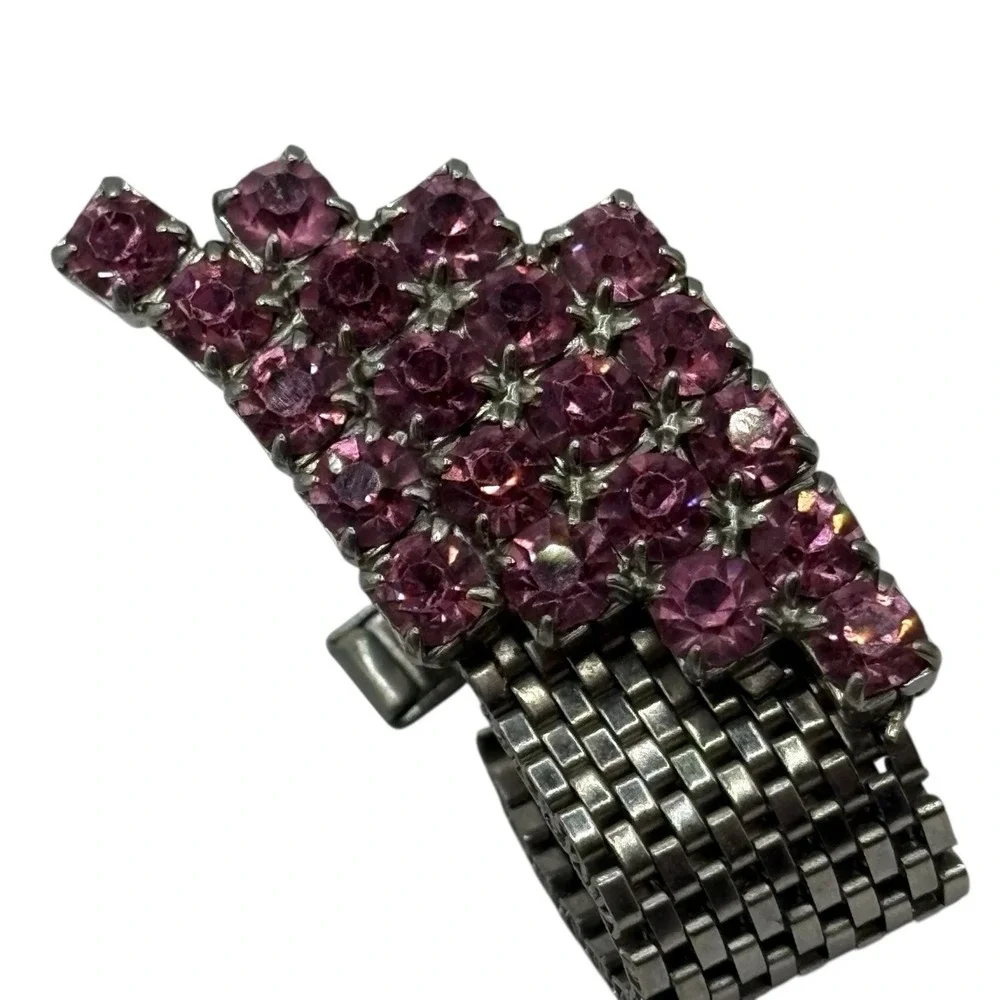 Pink Rhinestone Cufflinks Mesh Wrap‎ Around Silver Tone Statement Chunky Vintage