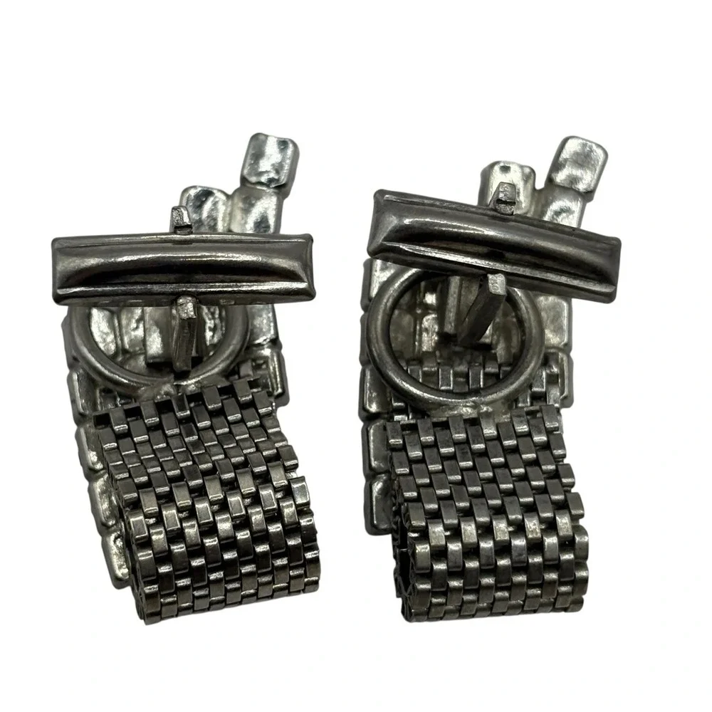 Pink Rhinestone Cufflinks Mesh Wrap‎ Around Silver Tone Statement Chunky Vintage