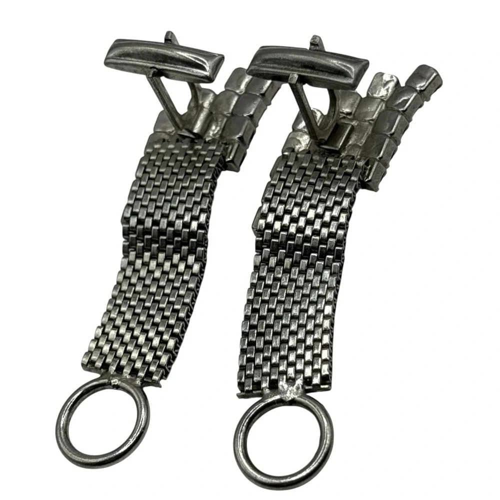 Pink Rhinestone Cufflinks Mesh Wrap‎ Around Silver Tone Statement Chunky Vintage