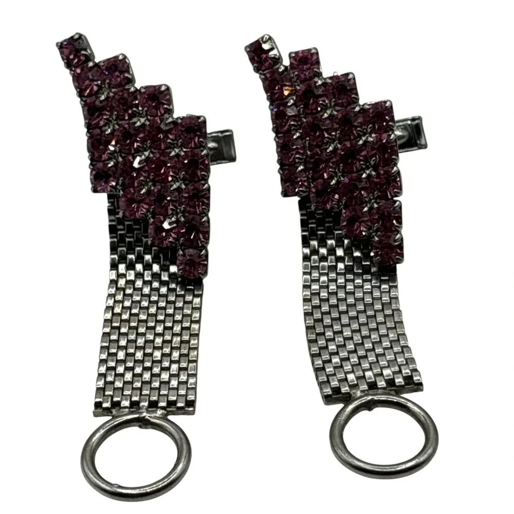 Pink Rhinestone Cufflinks Mesh Wrap‎ Around Silver Tone Statement Chunky Vintage