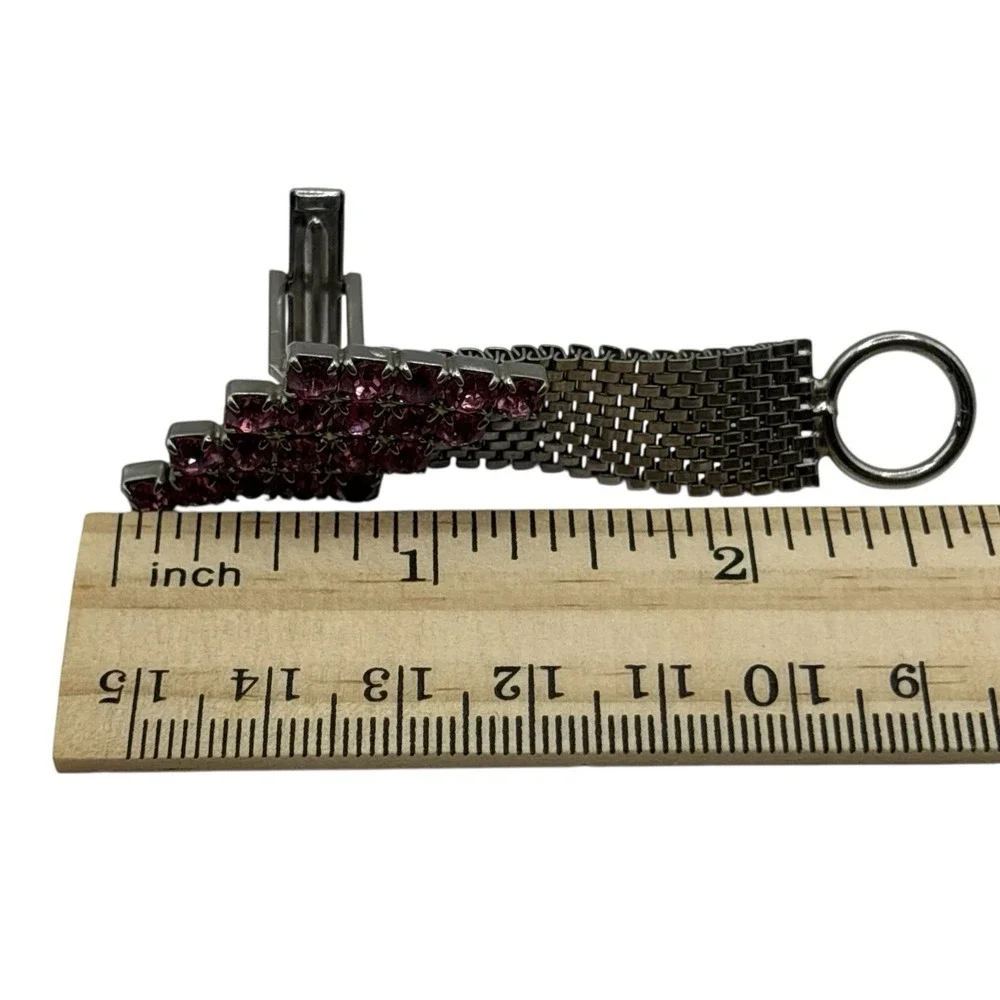 Pink Rhinestone Cufflinks Mesh Wrap‎ Around Silver Tone Statement Chunky Vintage