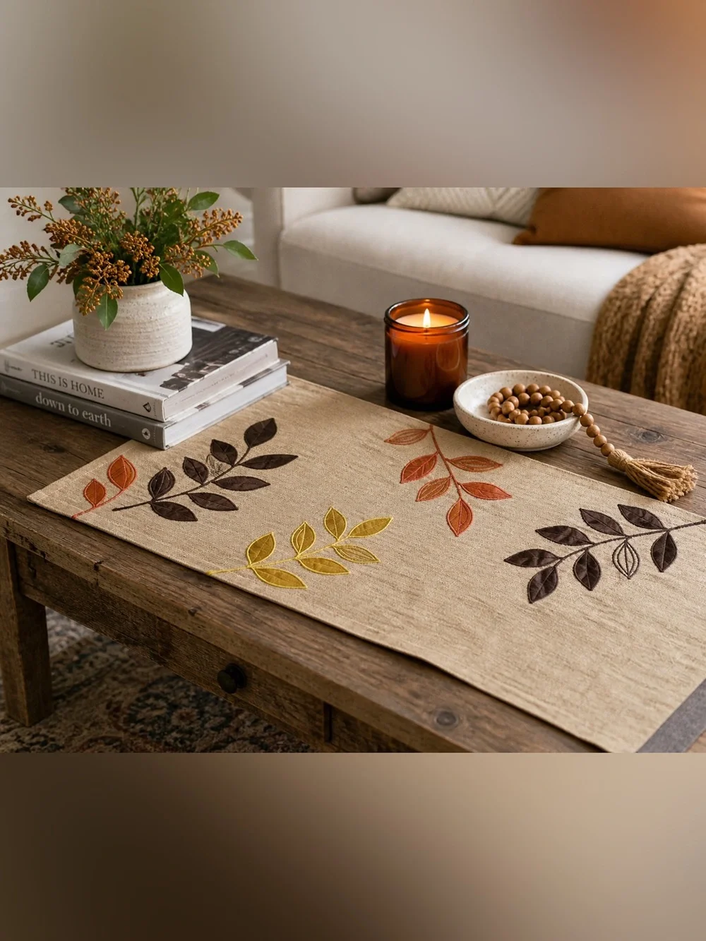 Harvest Moon Collection Table Runner Embroidered Fall Autumn Leaves 70” x 13