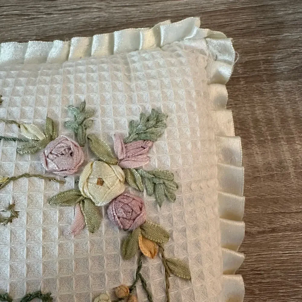 Peace Accent Embroidered Pillow Floral Inspirational Cottage Grannycore Ruffles‎