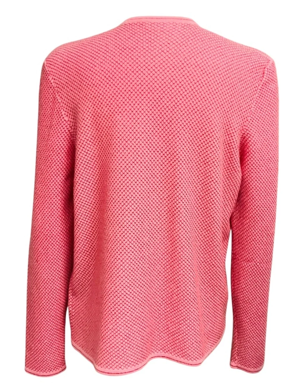 CHANEL PINK / RED LATTICE LUREX CASHMERE KNIT OPEN FRONT CARDIGAN SWEATER WITH G