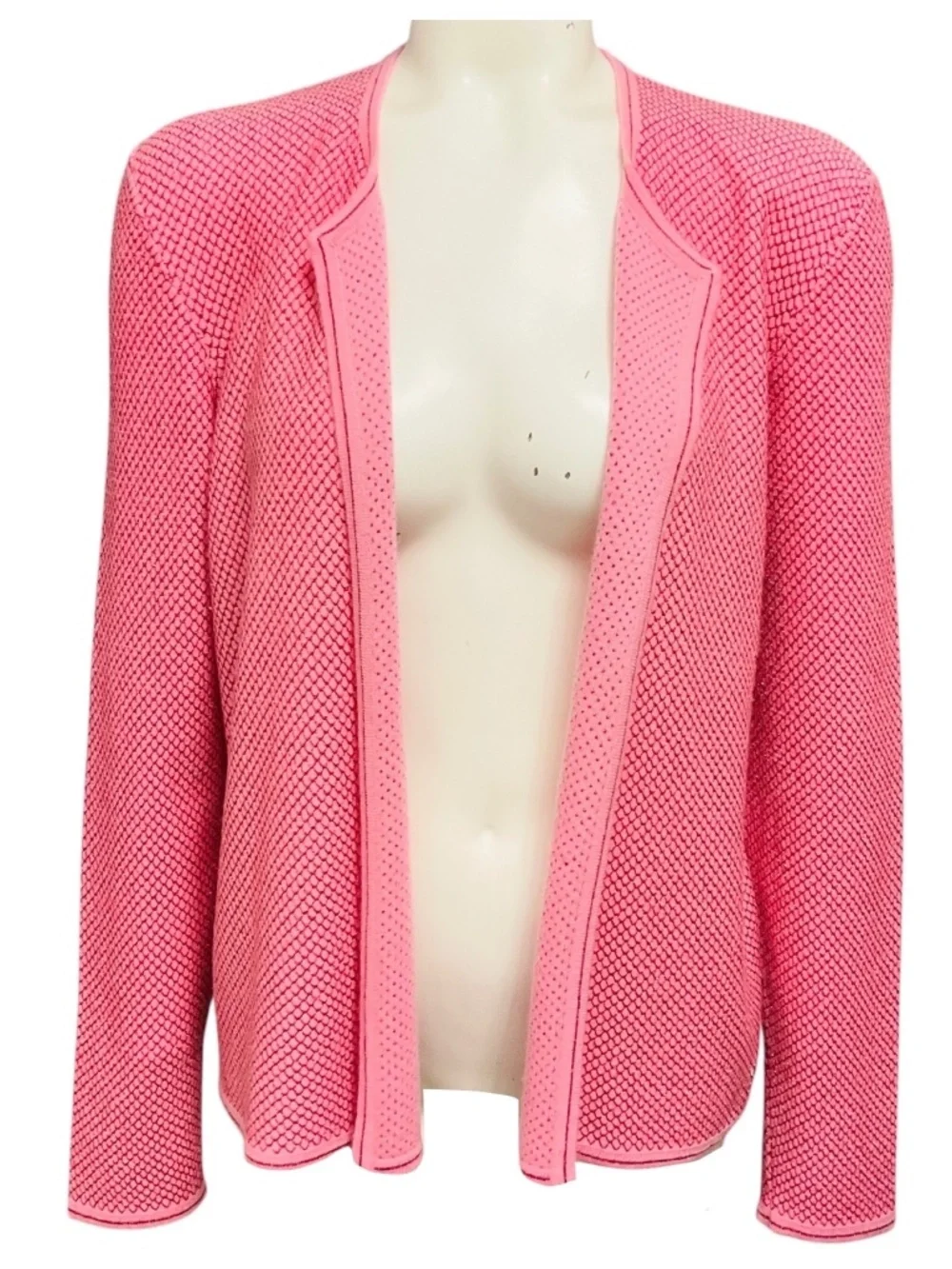 CHANEL PINK / RED LATTICE LUREX CASHMERE KNIT OPEN FRONT CARDIGAN SWEATER WITH G
