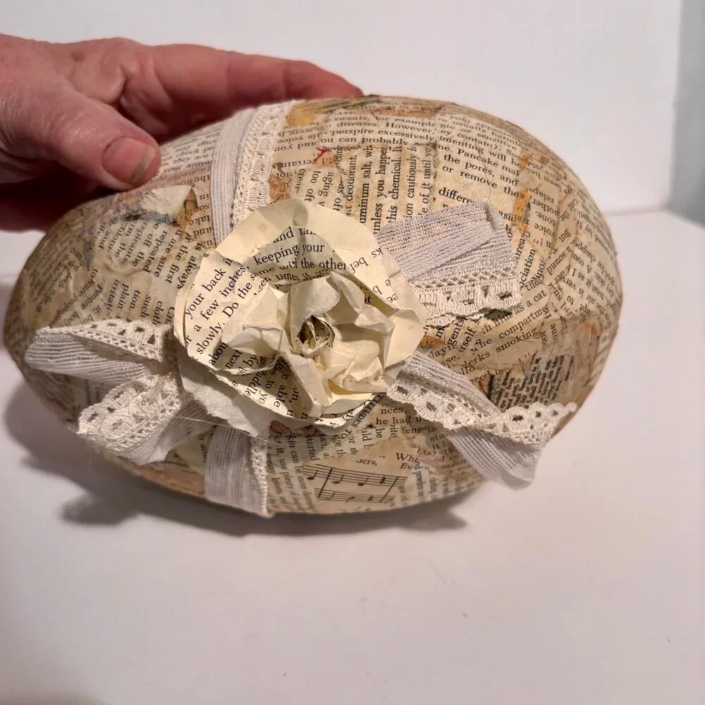 Shabby Chic Decoupage Egg w/ Vintage Book Pages and Paper Rose & Lace -9 inches
