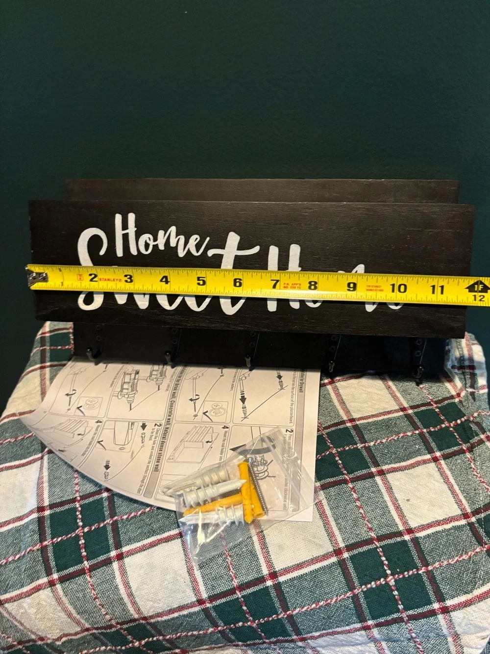 Home Sweet Home Black Wooden Wall Mail/Key Holder with Hooks Hardware Included