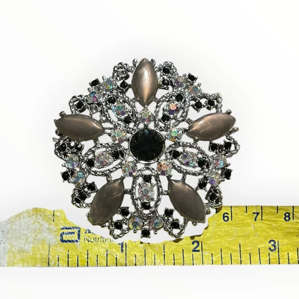 Vintage Emmons Silver Tone Aurora Borealis Black Rhinestone Filigree Brooch