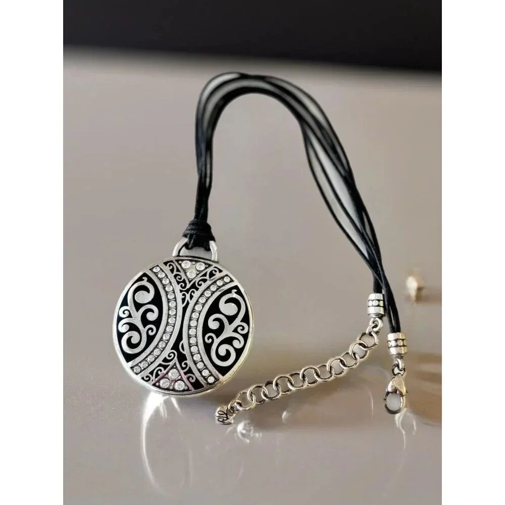 Brighton Dynasty Swarovski Crystal Round Medallion Pendant Cord Leather Necklace