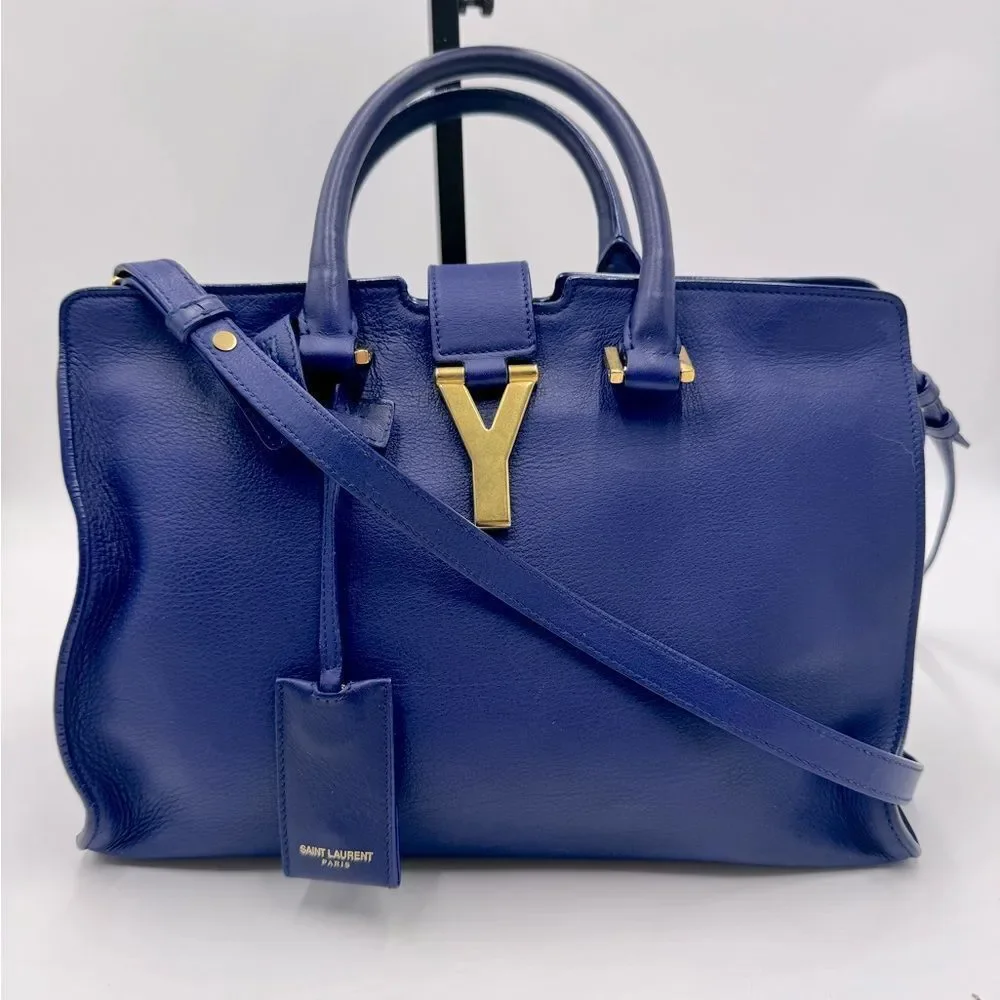 Auth Saint Laurent Small Classic Ligne Y Blue Leather Paris Chyc Cabas Tote 2way
