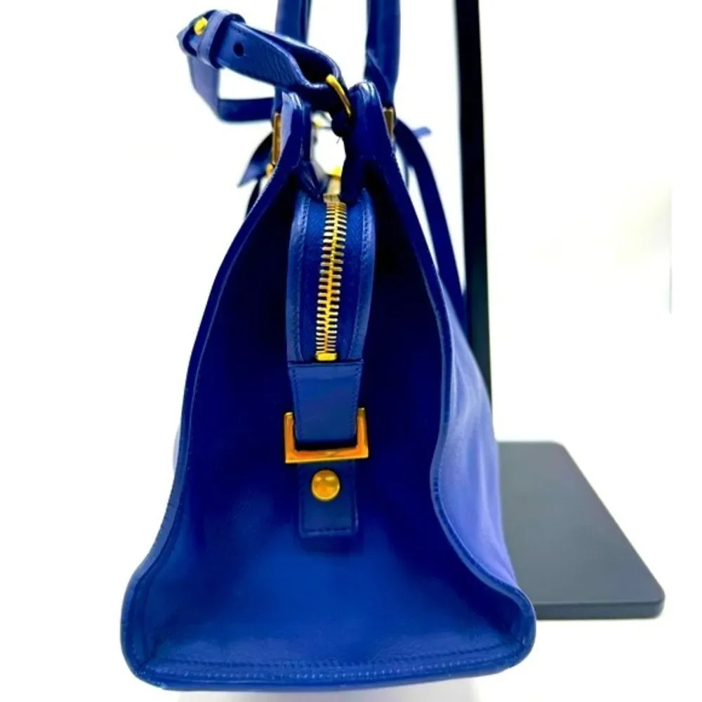 Auth Saint Laurent Small Classic Ligne Y Blue Leather Paris Chyc Cabas Tote 2way