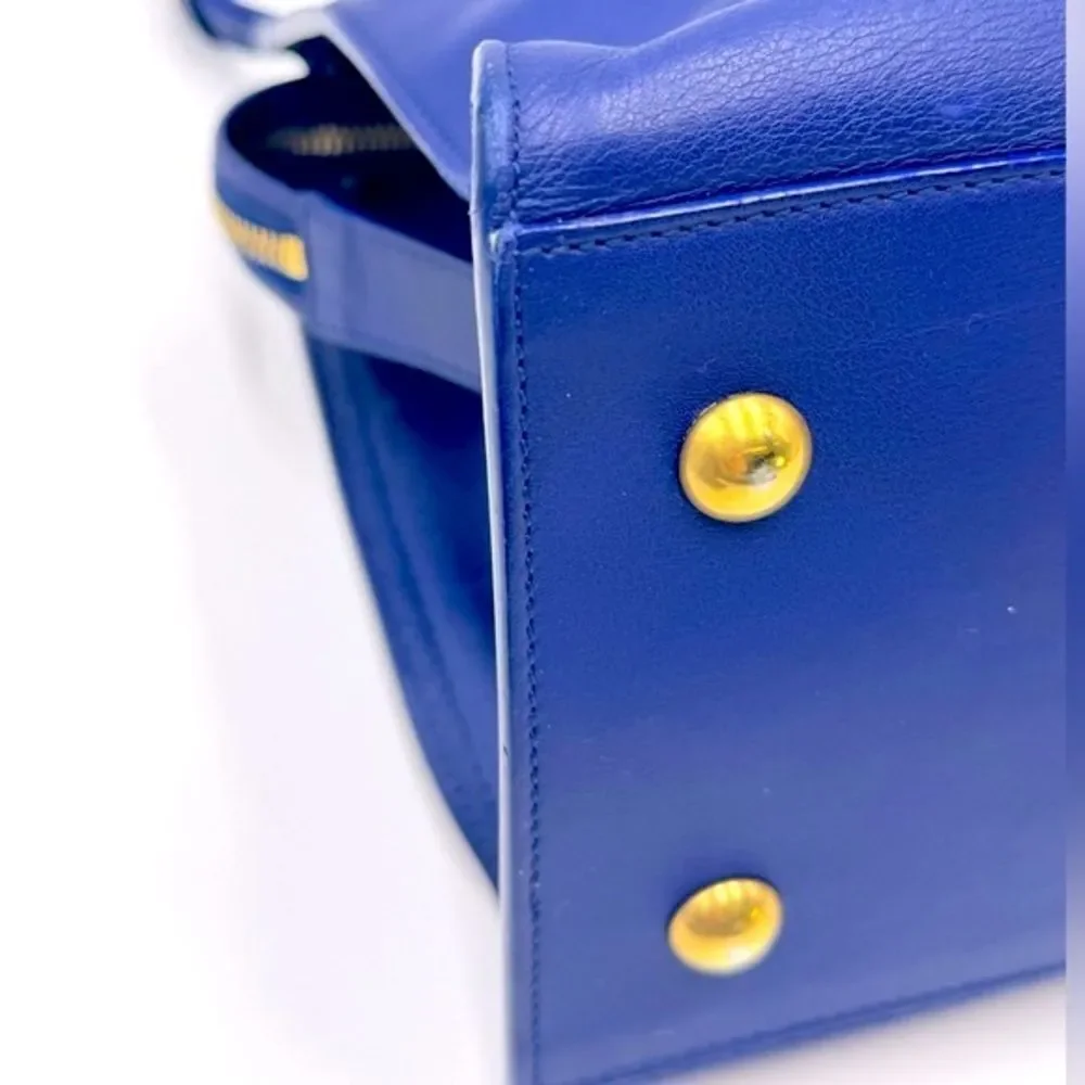 Auth Saint Laurent Small Classic Ligne Y Blue Leather Paris Chyc Cabas Tote 2way