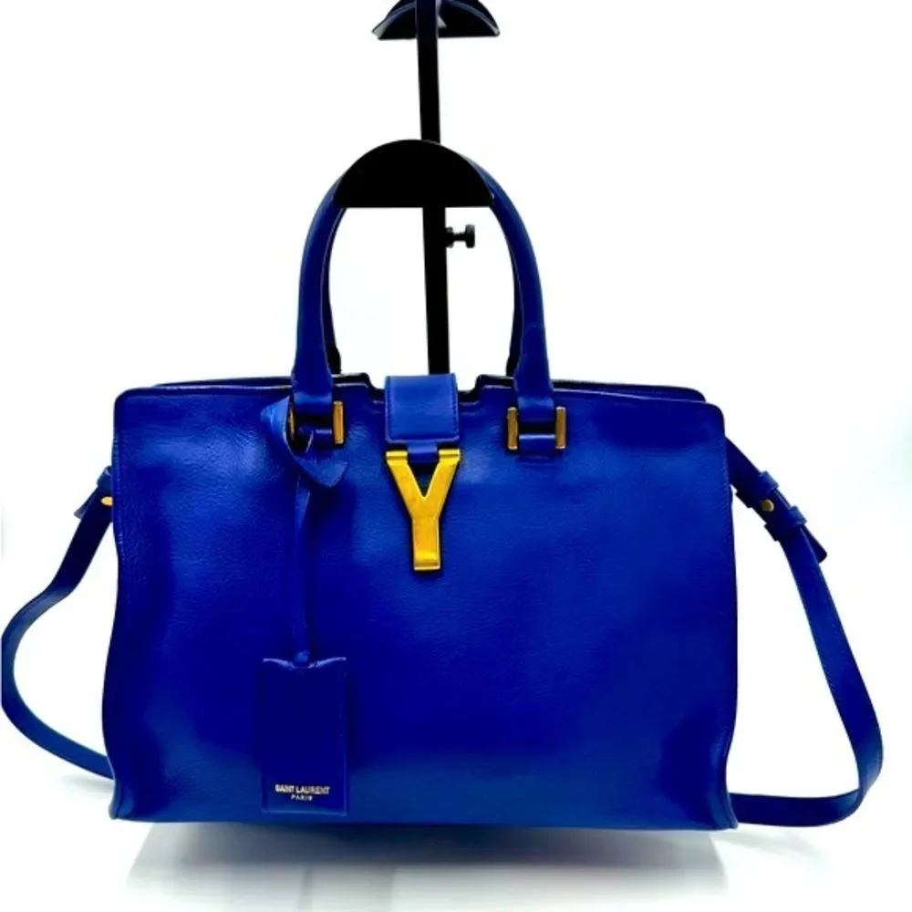 Auth Saint Laurent Small Classic Ligne Y Blue Leather Paris Chyc Cabas Tote 2way