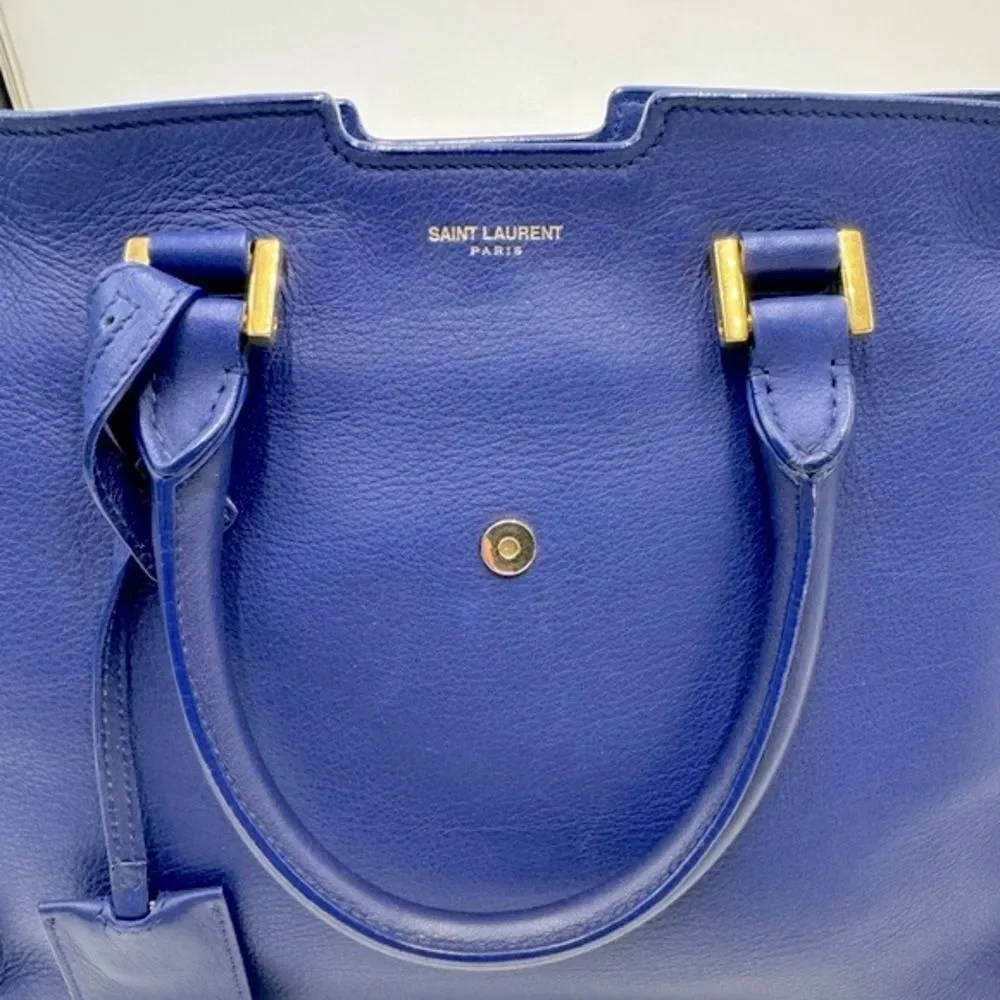 Auth Saint Laurent Small Classic Ligne Y Blue Leather Paris Chyc Cabas Tote 2way