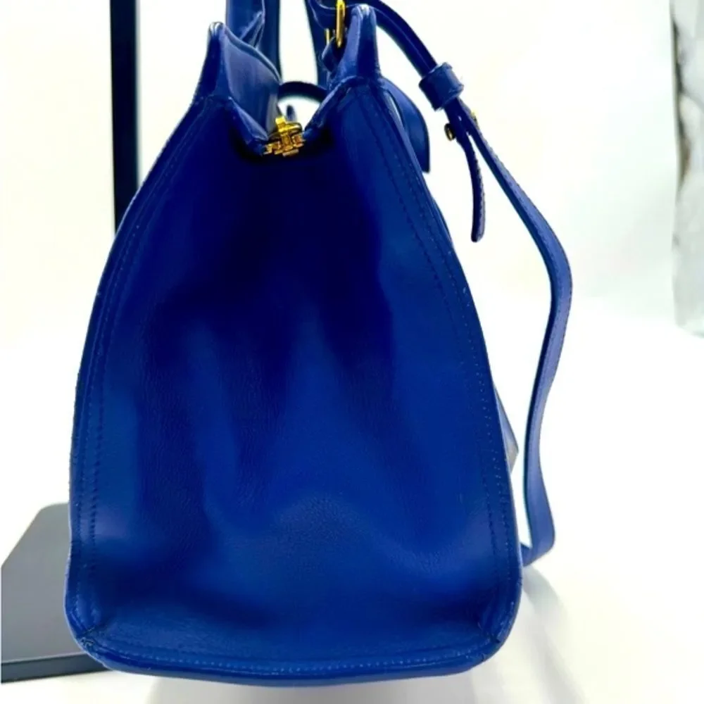 Auth Saint Laurent Small Classic Ligne Y Blue Leather Paris Chyc Cabas Tote 2way