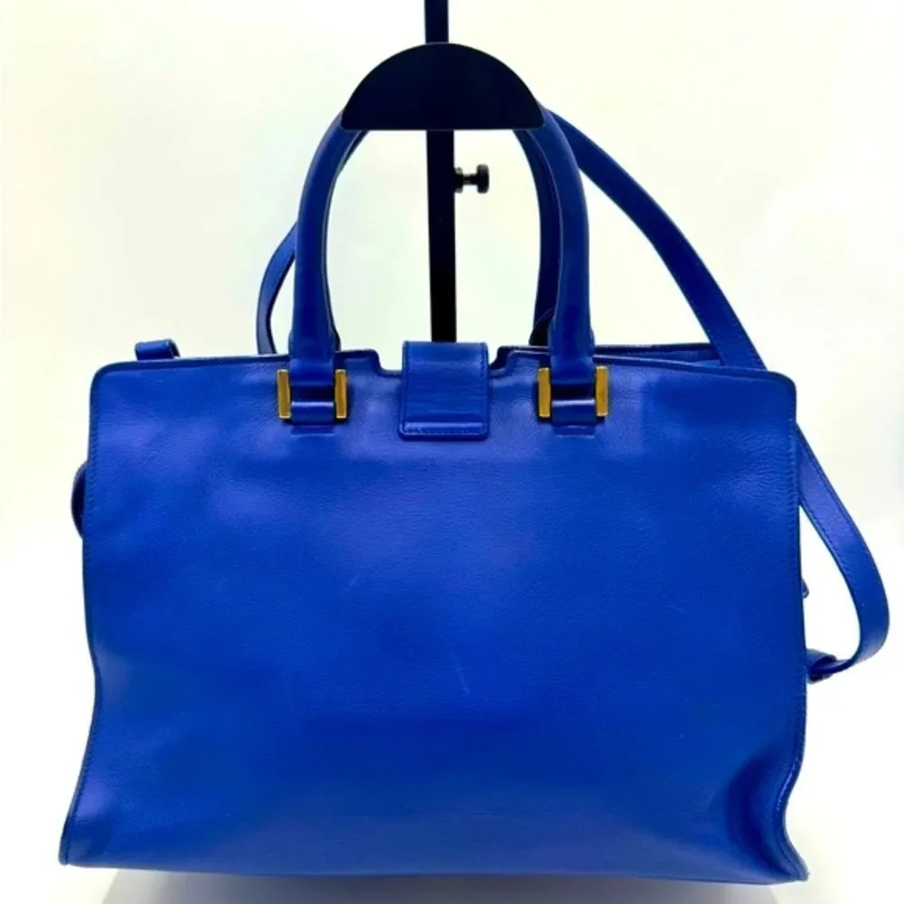 Auth Saint Laurent Small Classic Ligne Y Blue Leather Paris Chyc Cabas Tote 2way