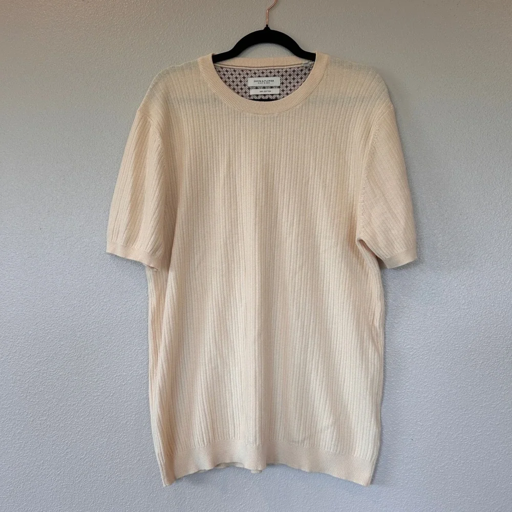 Denim & Flower Ricky Singh Mens Large Cream Ribbed Short Sleeve Cotton Sweater