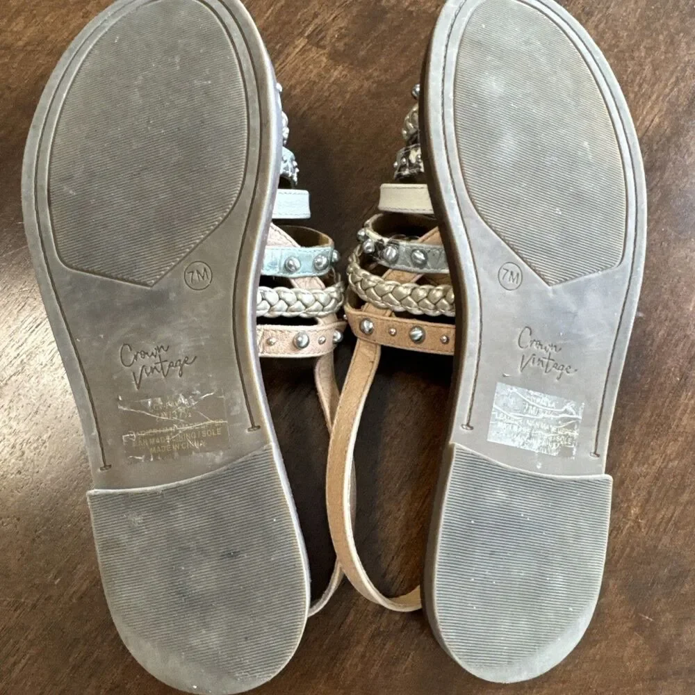 Crown Vintage Sandals Flats Strappy Metallic Neutral Studded Pavla Size 7M