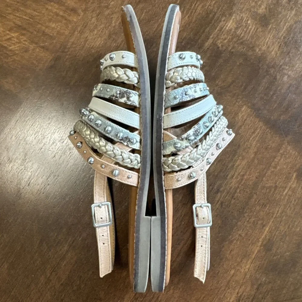 Crown Vintage Sandals Flats Strappy Metallic Neutral Studded Pavla Size 7M